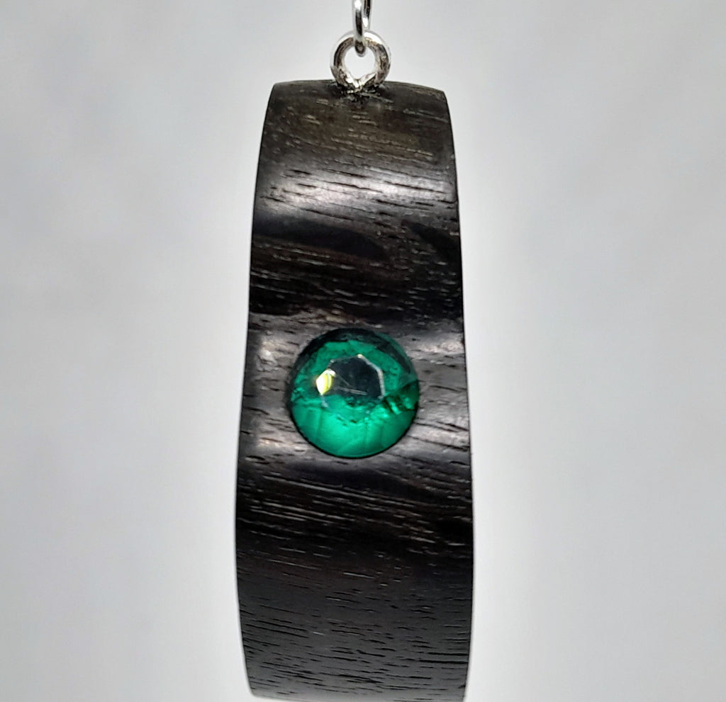 Ancient Bog Oak Pendant with Green Gem | Handcrafted Celtic Necklace by Celt Craft