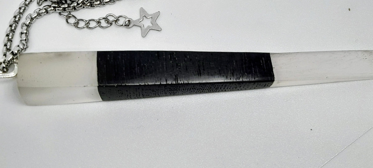 Handmade Irish Bog Oak Dagger Pendant – Glow-in-the-Dark Cyan Resin | Titanium Plated Chain