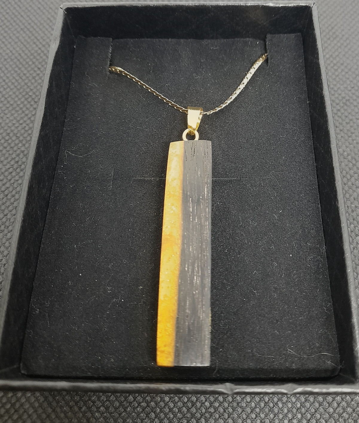 Handmade Irish Bog Oak Bar Pendant – Golden Amber Resin | Gold stainless steel chain