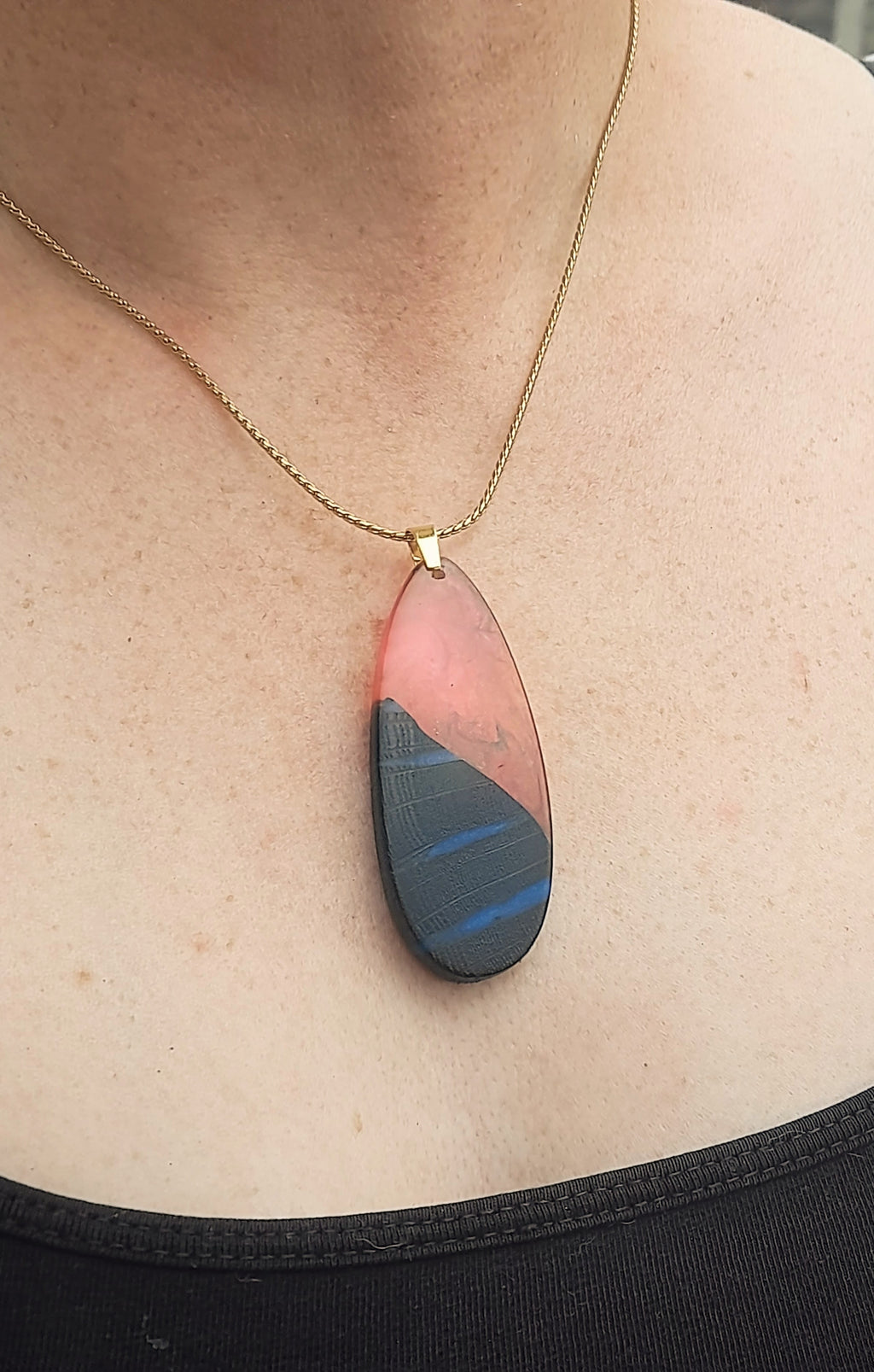 Ancient Irish Bog Oak & Pink Resin Elongated Pendant | Blue-Streaked Wood Necklace