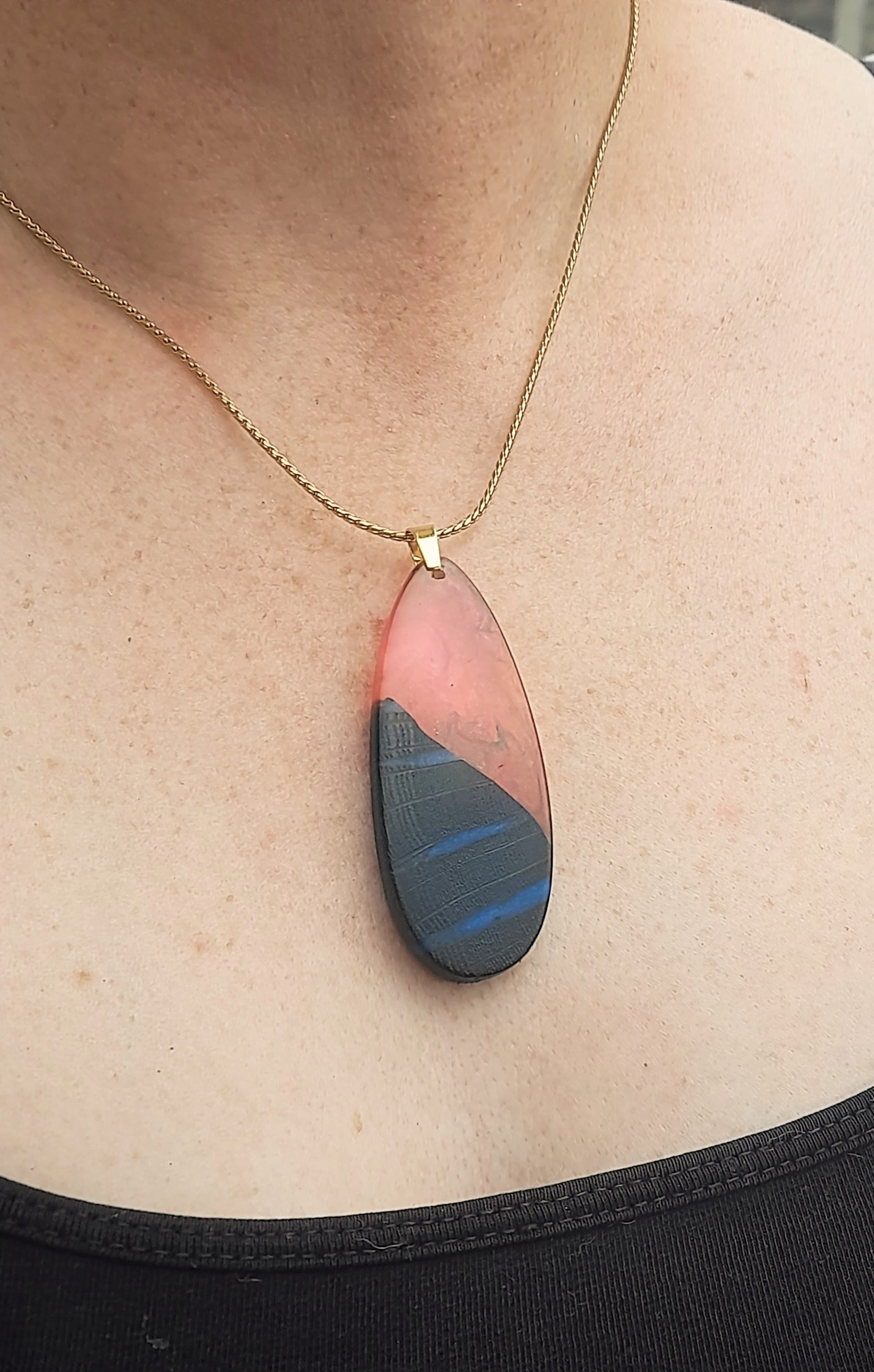 Ancient Irish Bog Oak & Pink Resin Elongated Pendant | Blue-Streaked Wood Necklace