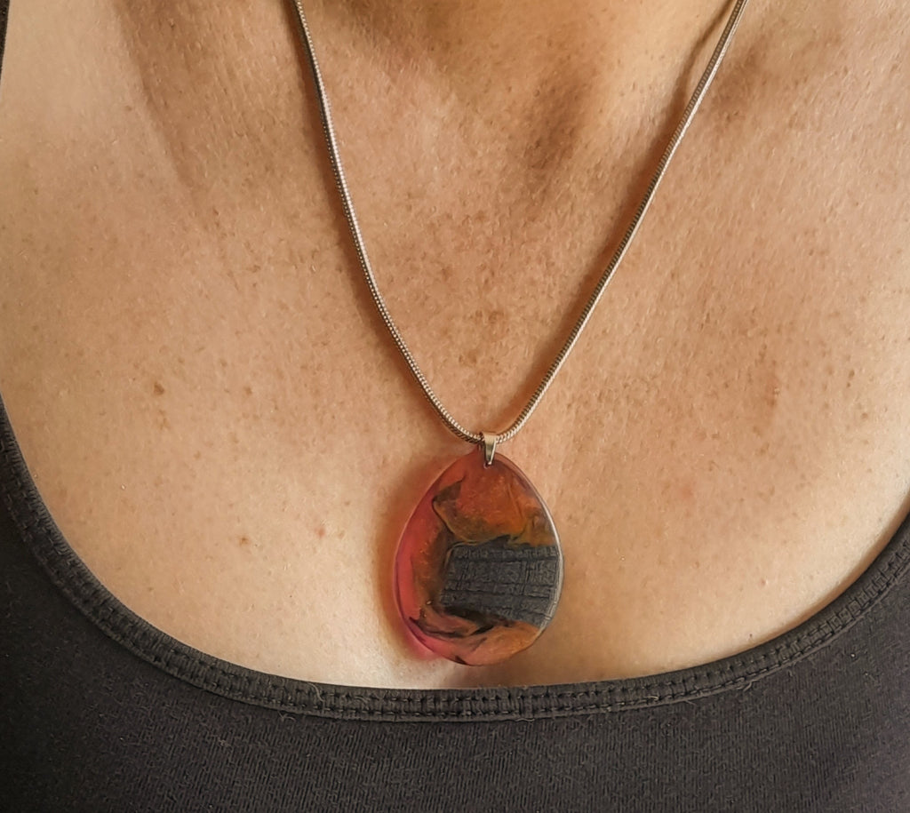 Ancient Irish Bog Oak & Pink-Orange Resin Teardrop Pendant | Handmade Celtic Necklace