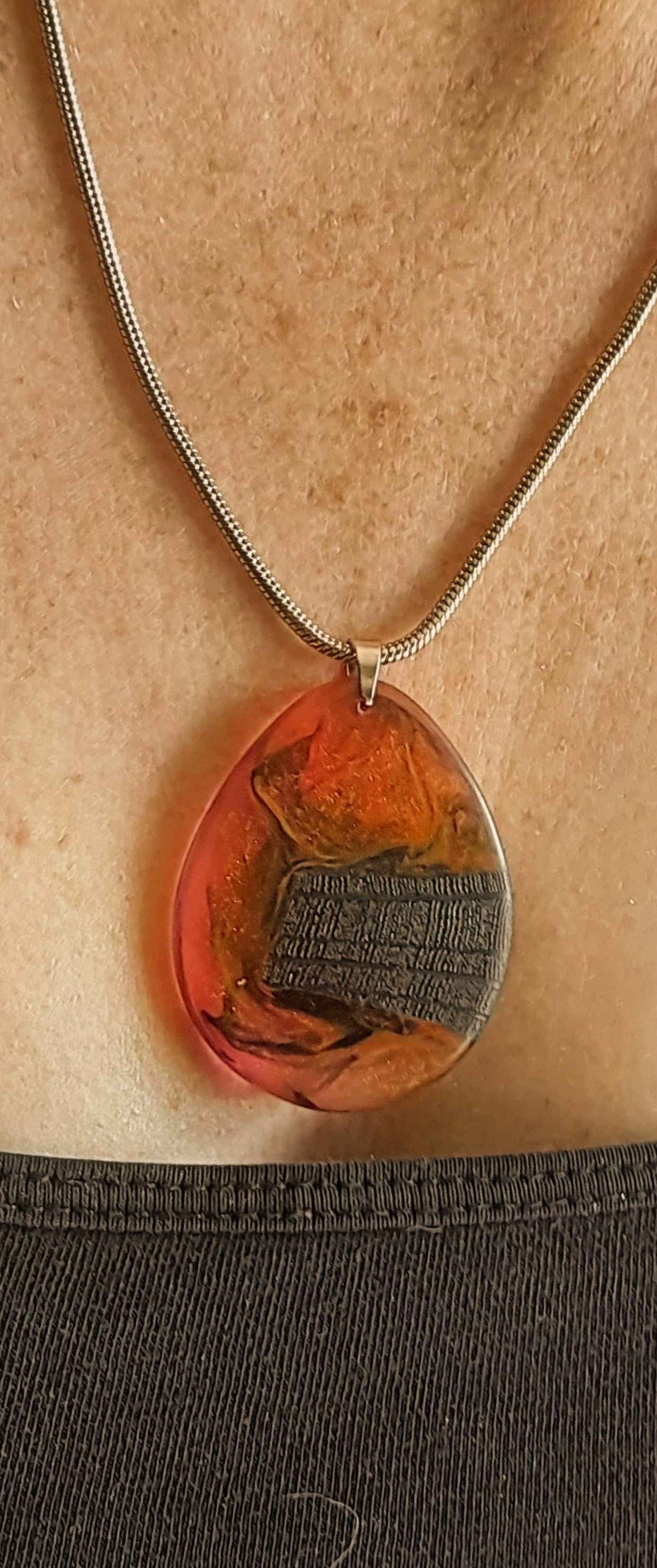 Ancient Irish Bog Oak & Pink-Orange Resin Teardrop Pendant | Handmade Celtic Necklace