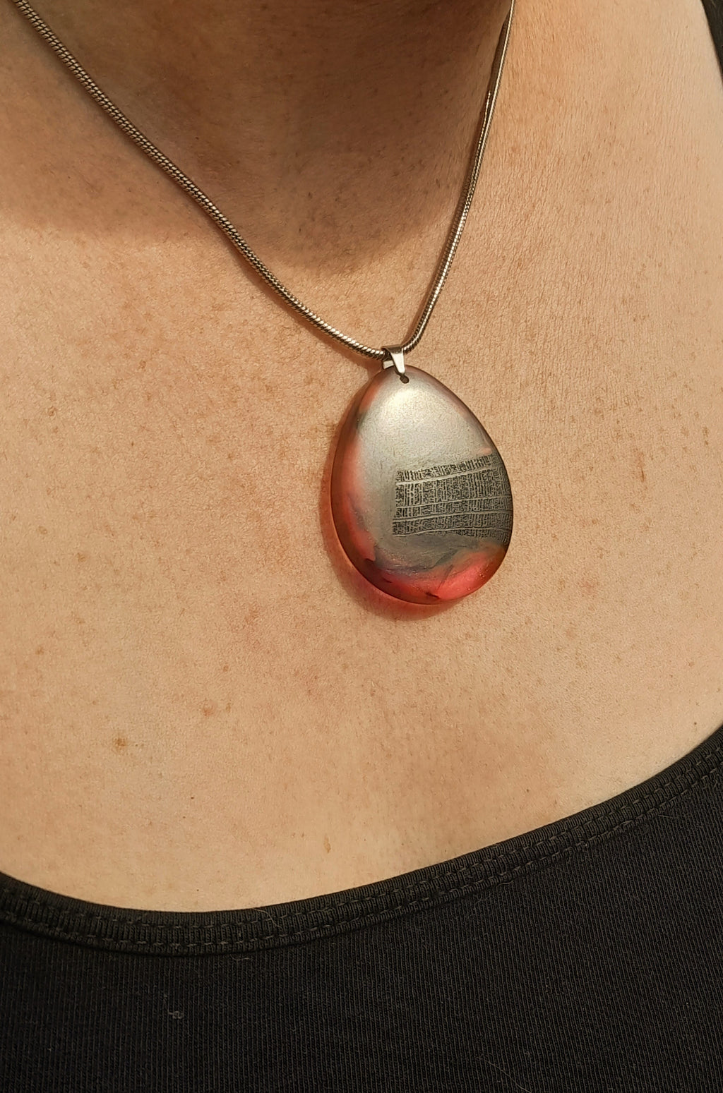 Ancient Irish Bog Oak & Pink-Orange Resin Teardrop Pendant | Handmade Celtic Necklace
