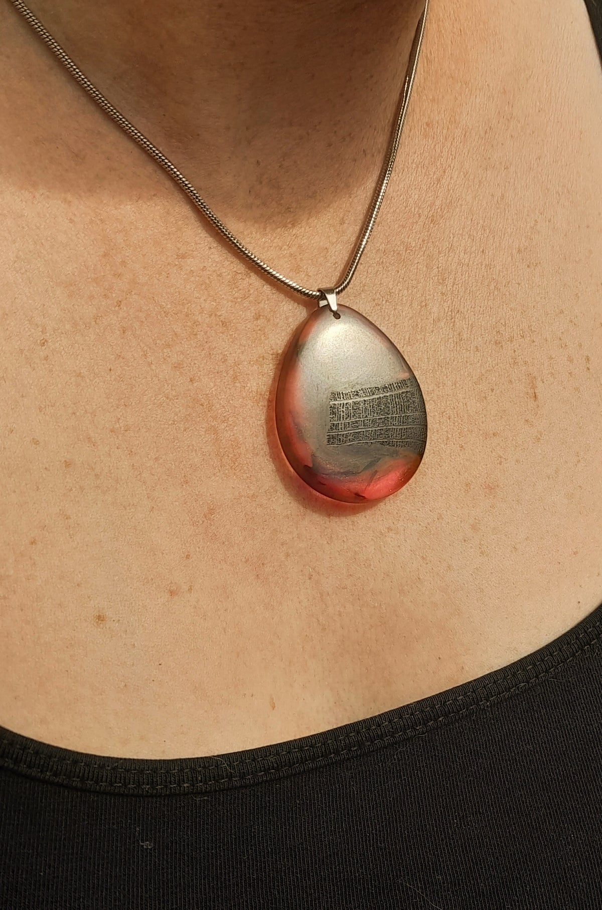 Ancient Irish Bog Oak & Pink-Orange Resin Teardrop Pendant | Handmade Celtic Necklace