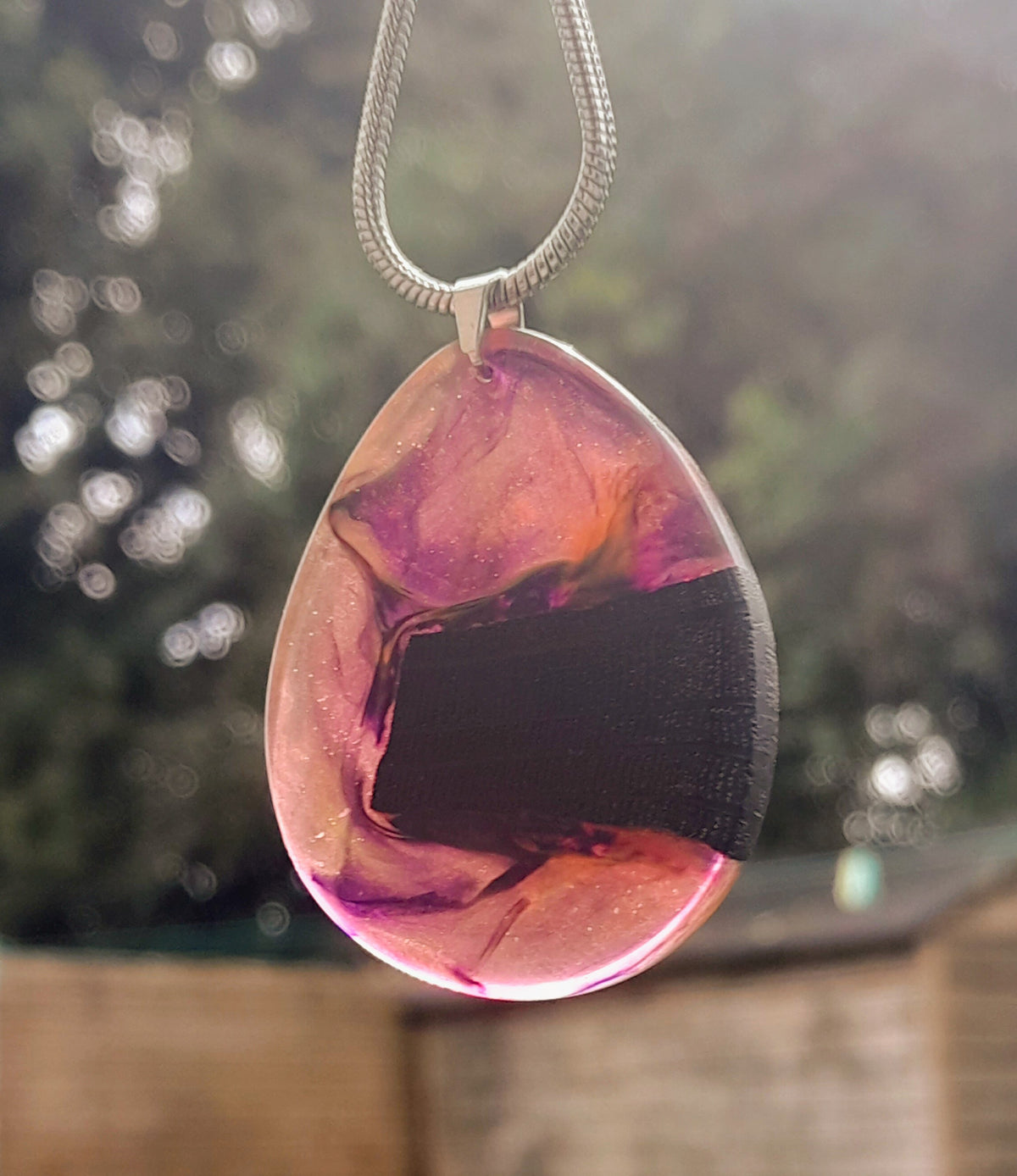 Ancient Irish Bog Oak & Pink-Orange Resin Teardrop Pendant | Handmade Celtic Necklace