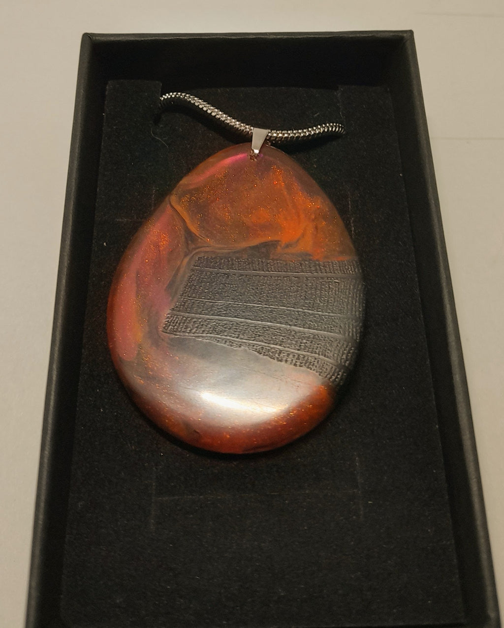Ancient Irish Bog Oak & Pink-Orange Resin Teardrop Pendant | Handmade Celtic Necklace