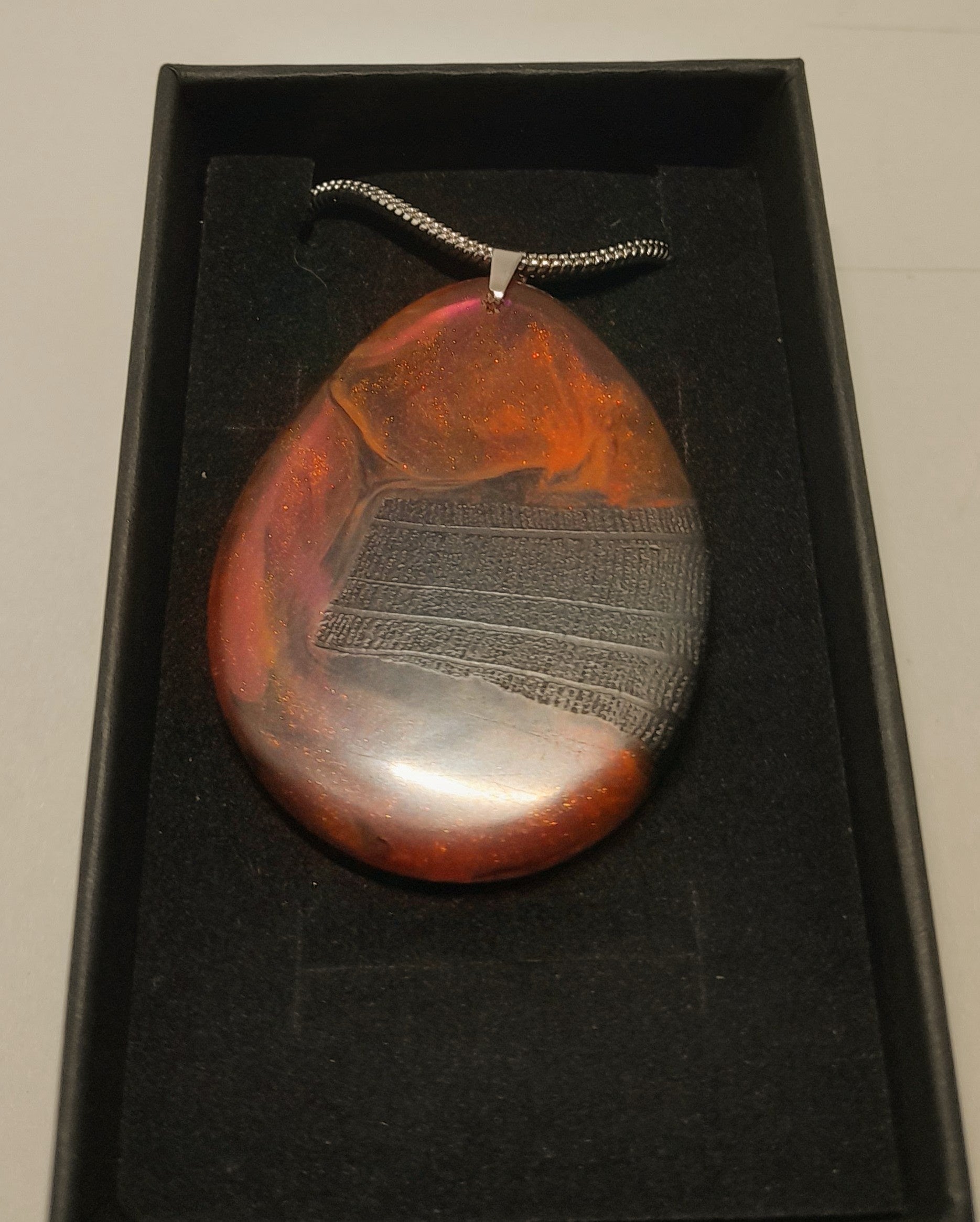 Ancient Irish Bog Oak & Pink-Orange Resin Teardrop Pendant | Handmade Celtic Necklace