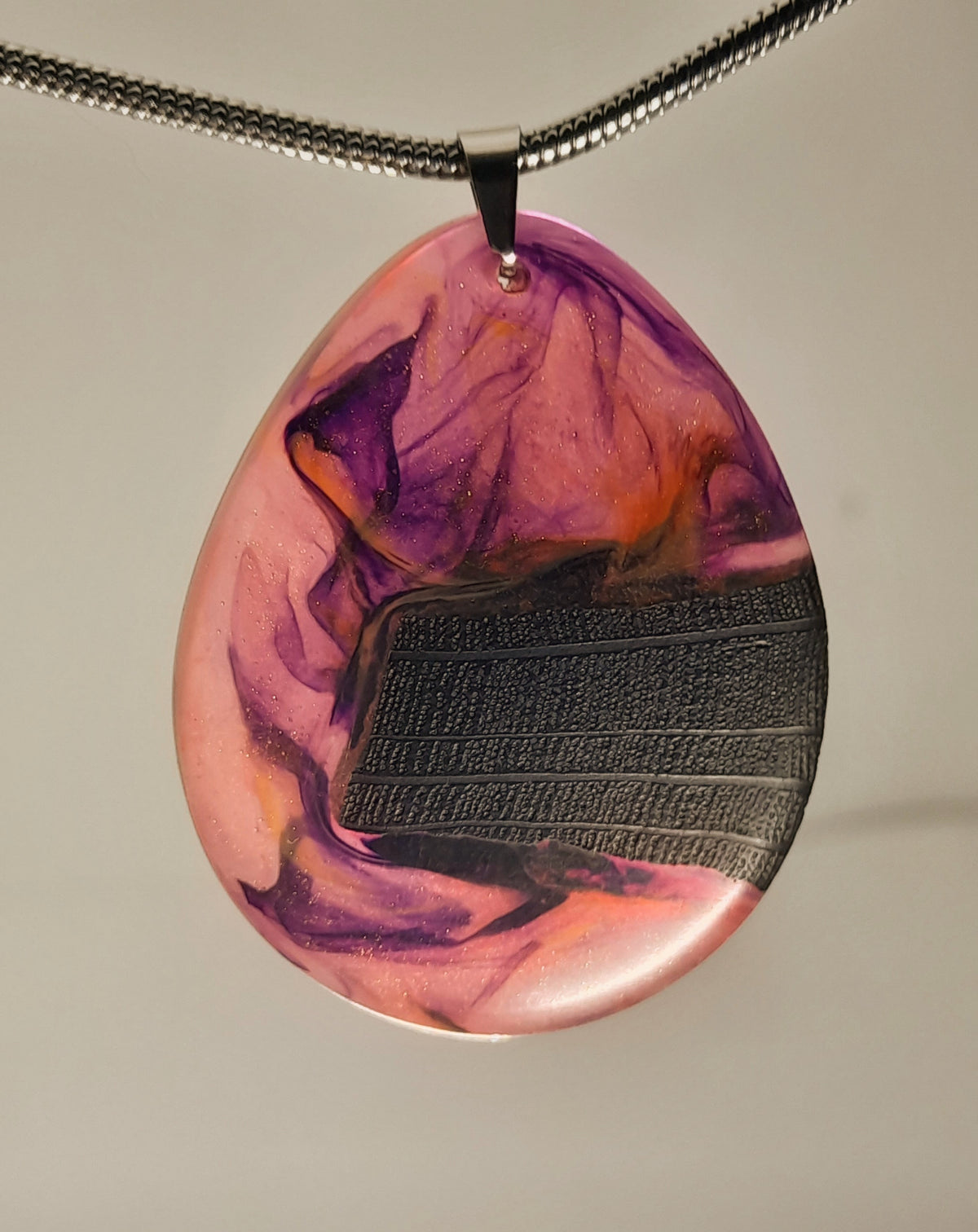 Ancient Irish Bog Oak & Pink-Orange Resin Teardrop Pendant | Handmade Celtic Necklace