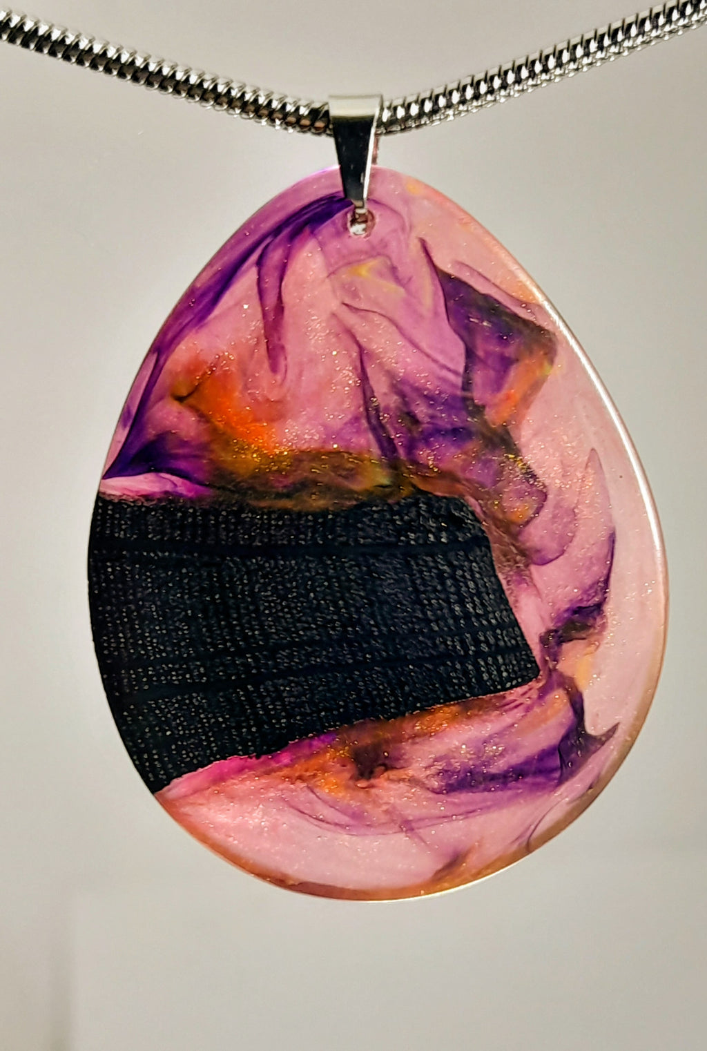 Ancient Irish Bog Oak & Pink-Orange Resin Teardrop Pendant | Handmade Celtic Necklace