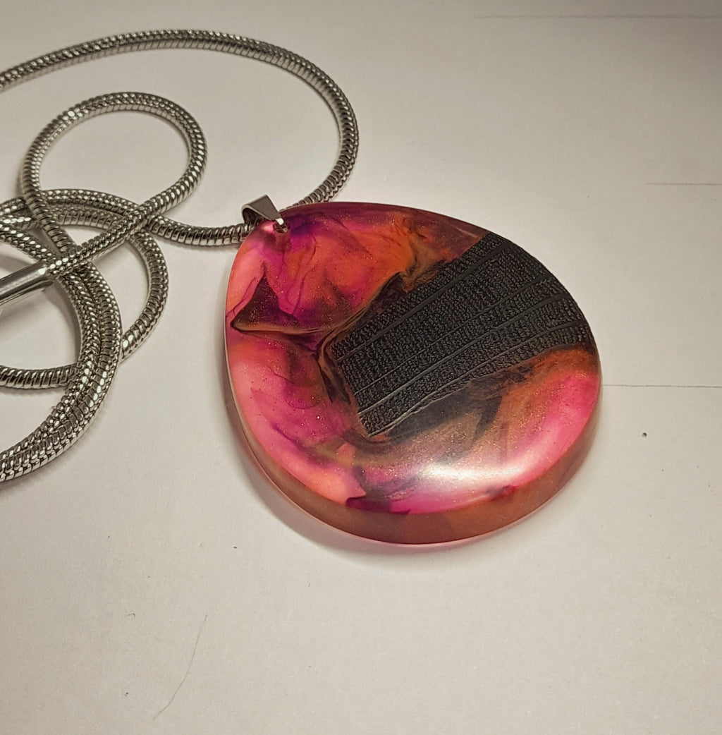 Ancient Irish Bog Oak & Pink-Orange Resin Teardrop Pendant | Handmade Celtic Necklace
