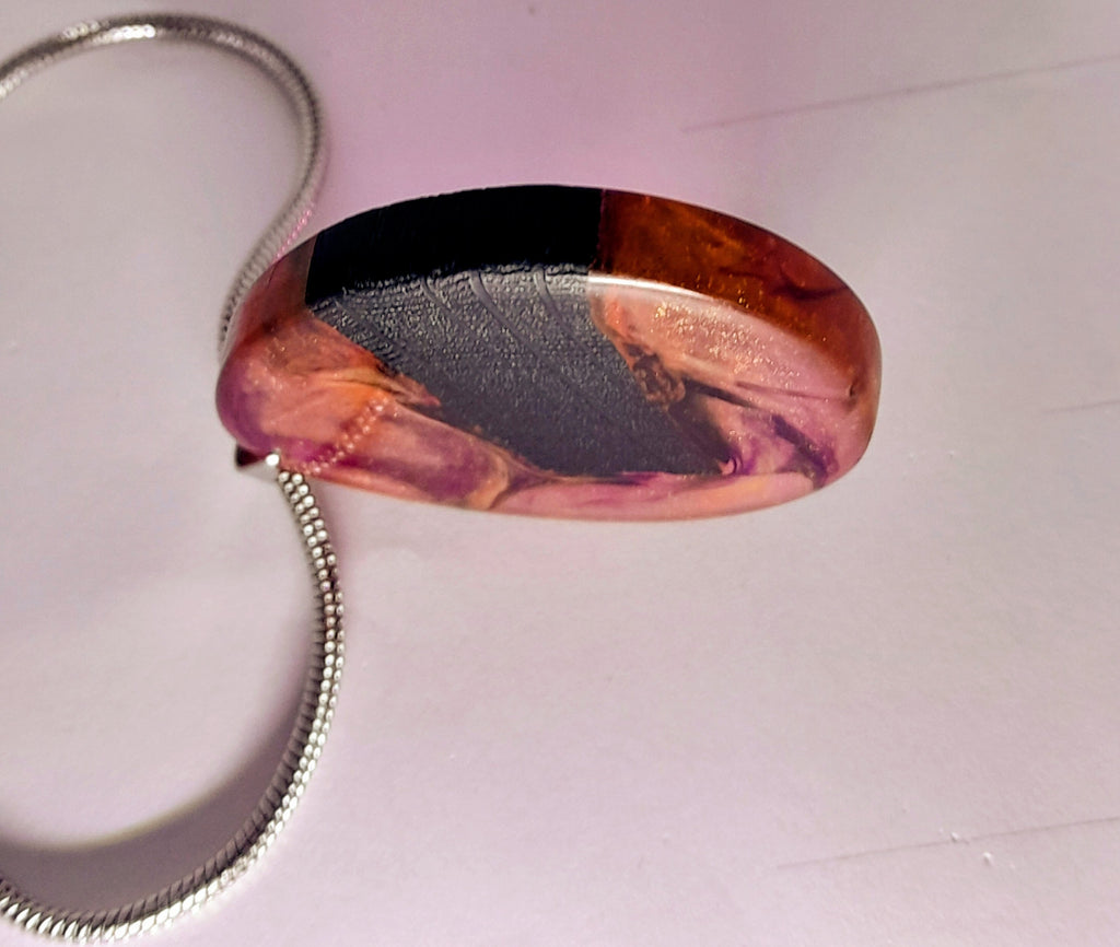 Ancient Irish Bog Oak & Pink-Orange Resin Teardrop Pendant | Handmade Celtic Necklace