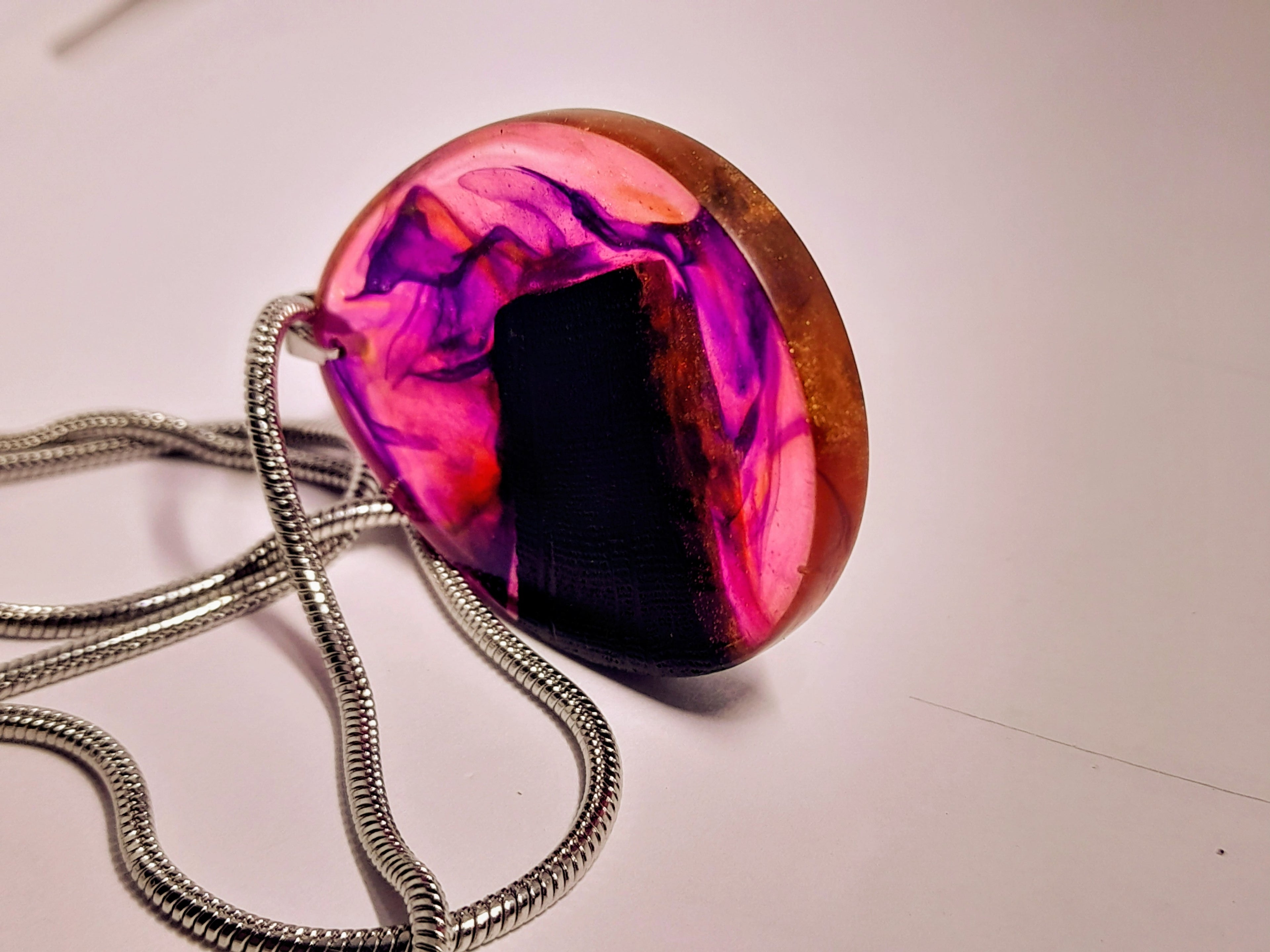 Ancient Irish Bog Oak & Pink-Orange Resin Teardrop Pendant | Handmade Celtic Necklace