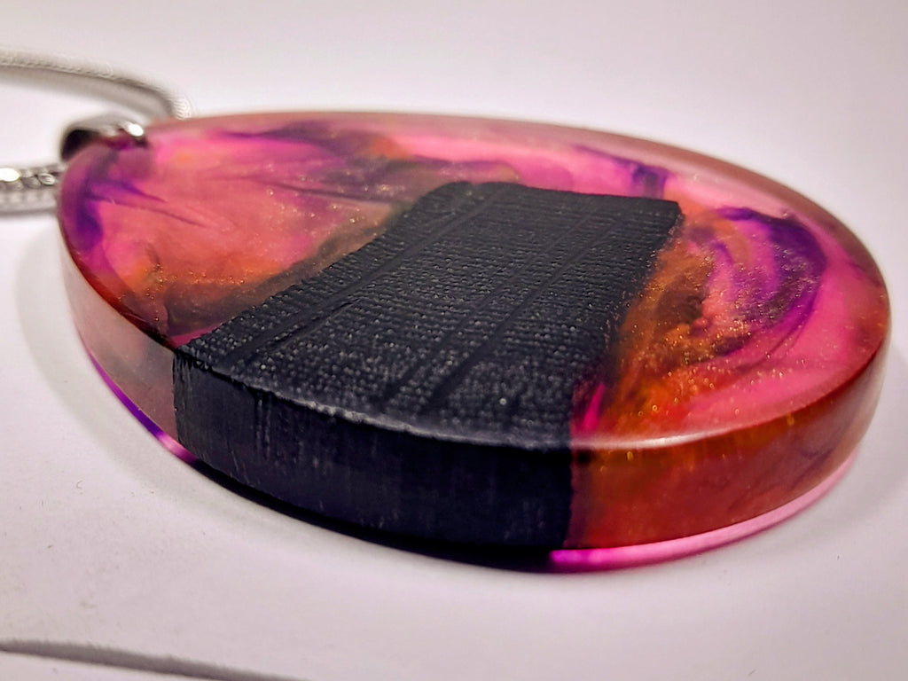 Ancient Irish Bog Oak & Pink-Orange Resin Teardrop Pendant | Handmade Celtic Necklace