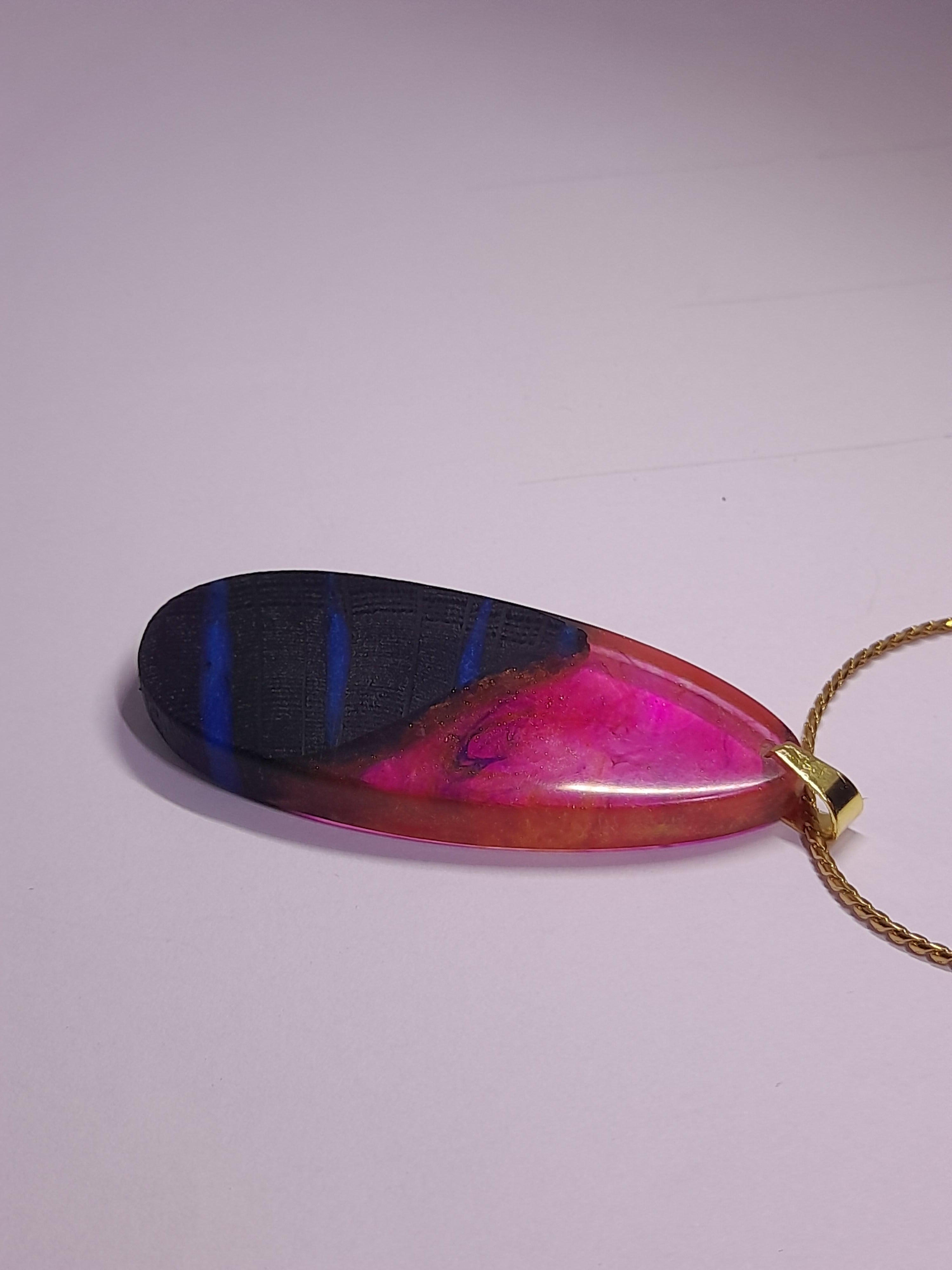 Ancient Irish Bog Oak & Pink Resin Elongated Pendant | Blue-Streaked Wood Necklace
