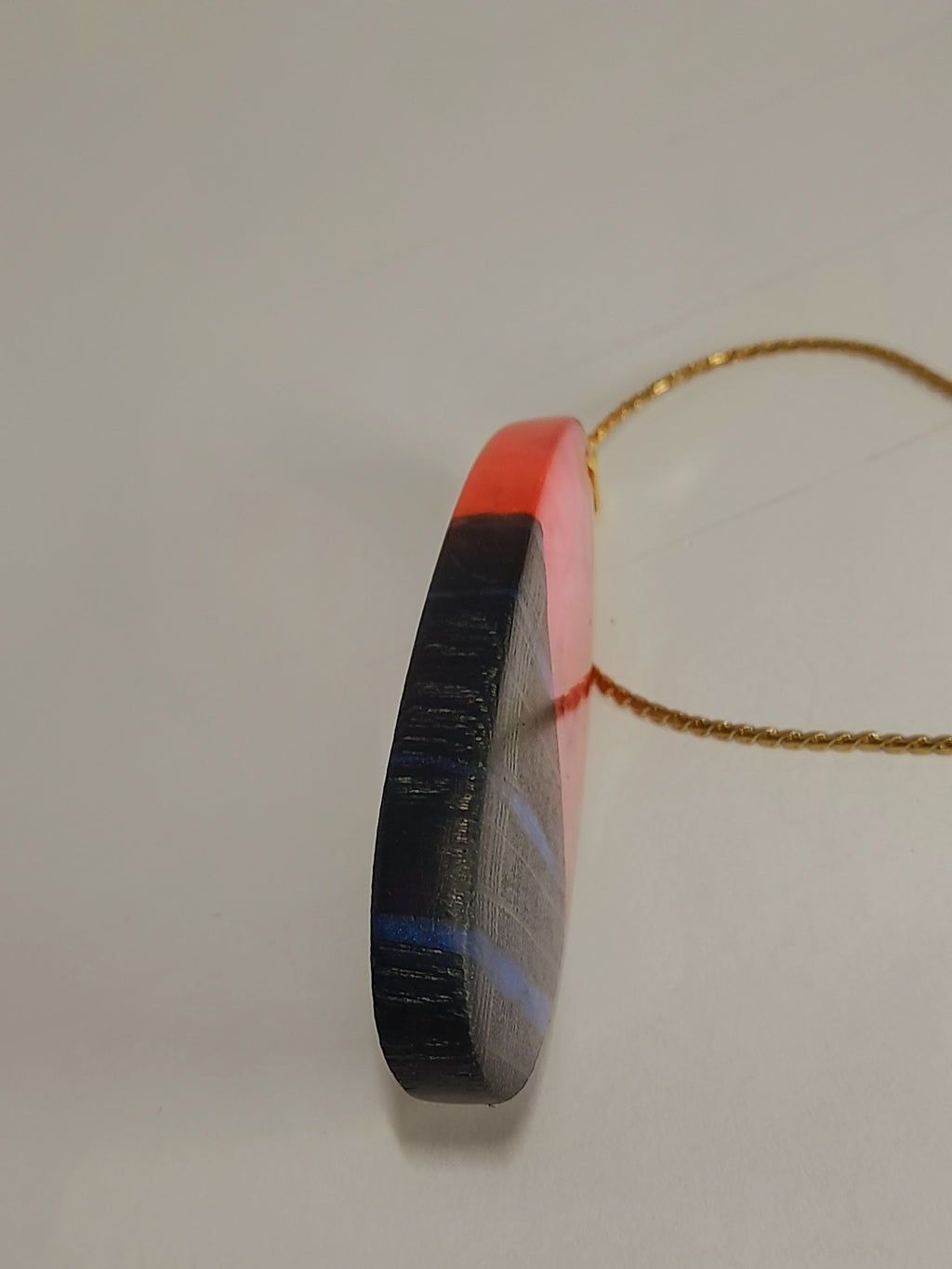 Ancient Irish Bog Oak & Pink Resin Elongated Pendant | Blue-Streaked Wood Necklace