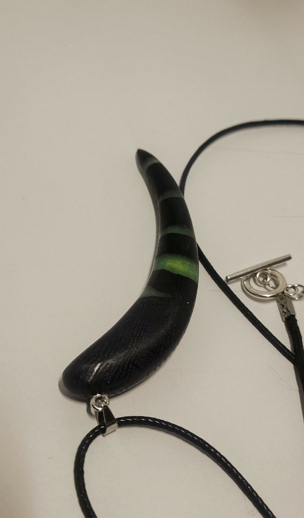 Ancient Irish Bog Oak & Green Resin Tusk Pendant | Curved Horn Necklace on Black Cord