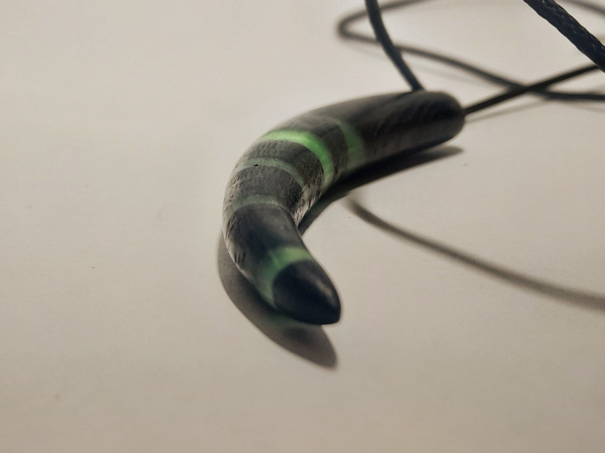 Ancient Irish Bog Oak & Green Resin Tusk Pendant | Curved Horn Necklace on Black Cord