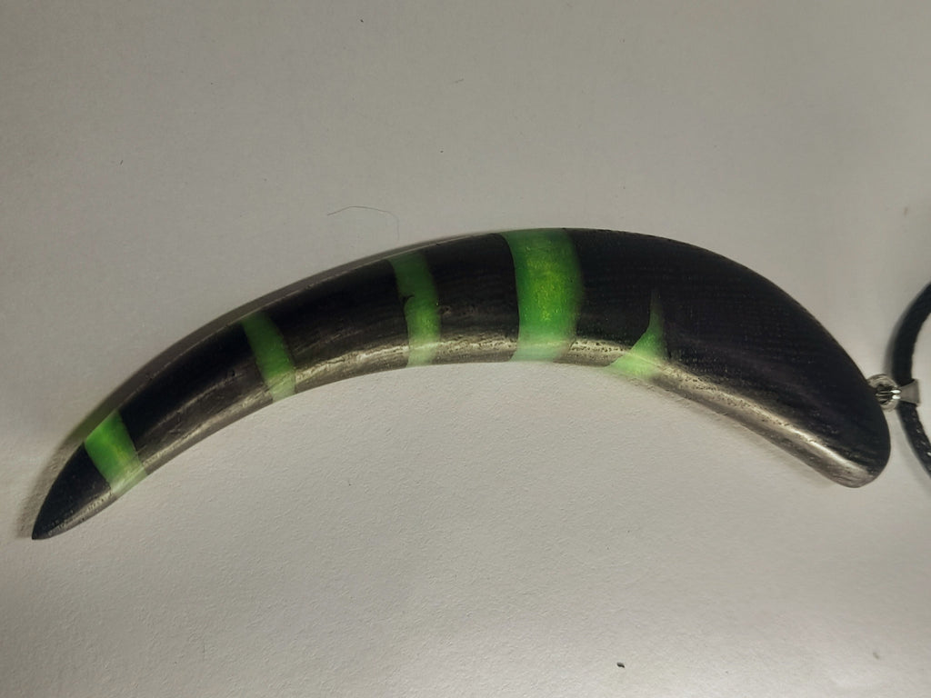 Ancient Irish Bog Oak & Green Resin Tusk Pendant | Curved Horn Necklace on Black Cord