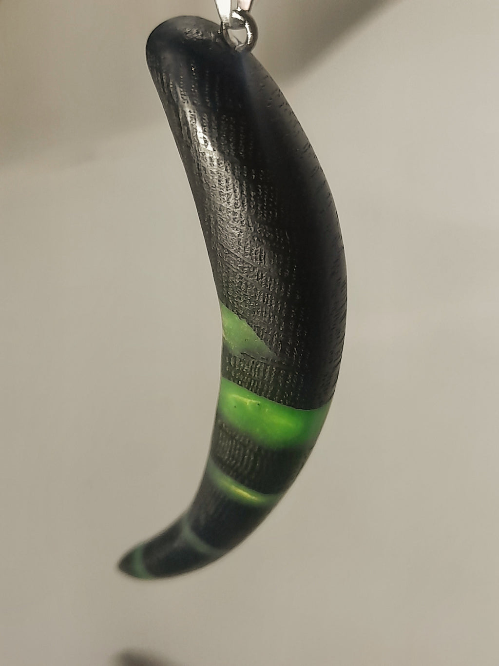 Ancient Irish Bog Oak & Green Resin Tusk Pendant | Curved Horn Necklace on Black Cord