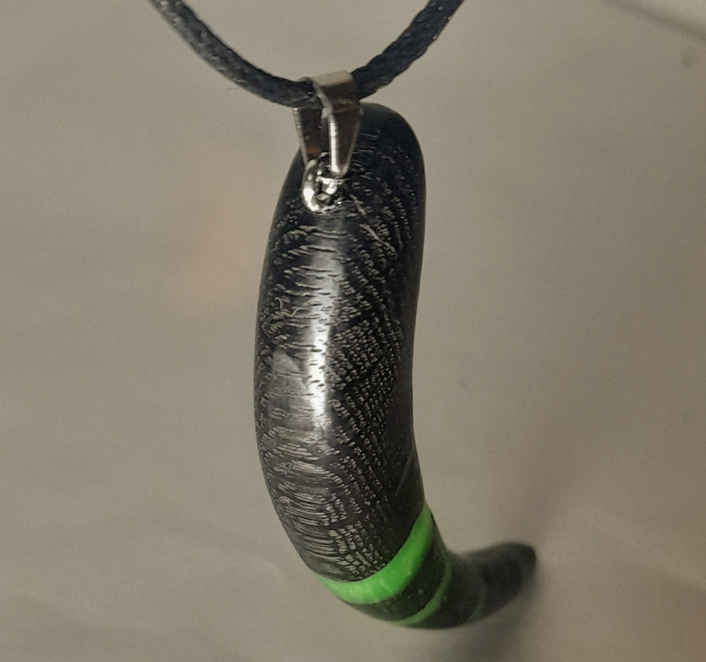 Ancient Irish Bog Oak & Green Resin Tusk Pendant | Curved Horn Necklace on Black Cord
