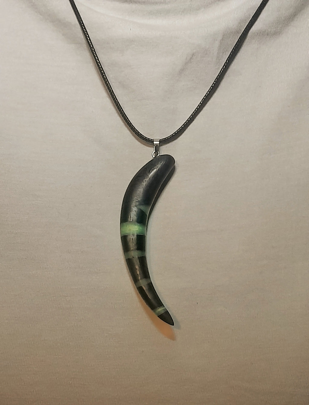 Ancient Irish Bog Oak & Green Resin Tusk Pendant | Curved Horn Necklace on Black Cord