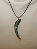 Ancient Irish Bog Oak & Green Resin Tusk Pendant | Curved Horn Necklace on Black Cord