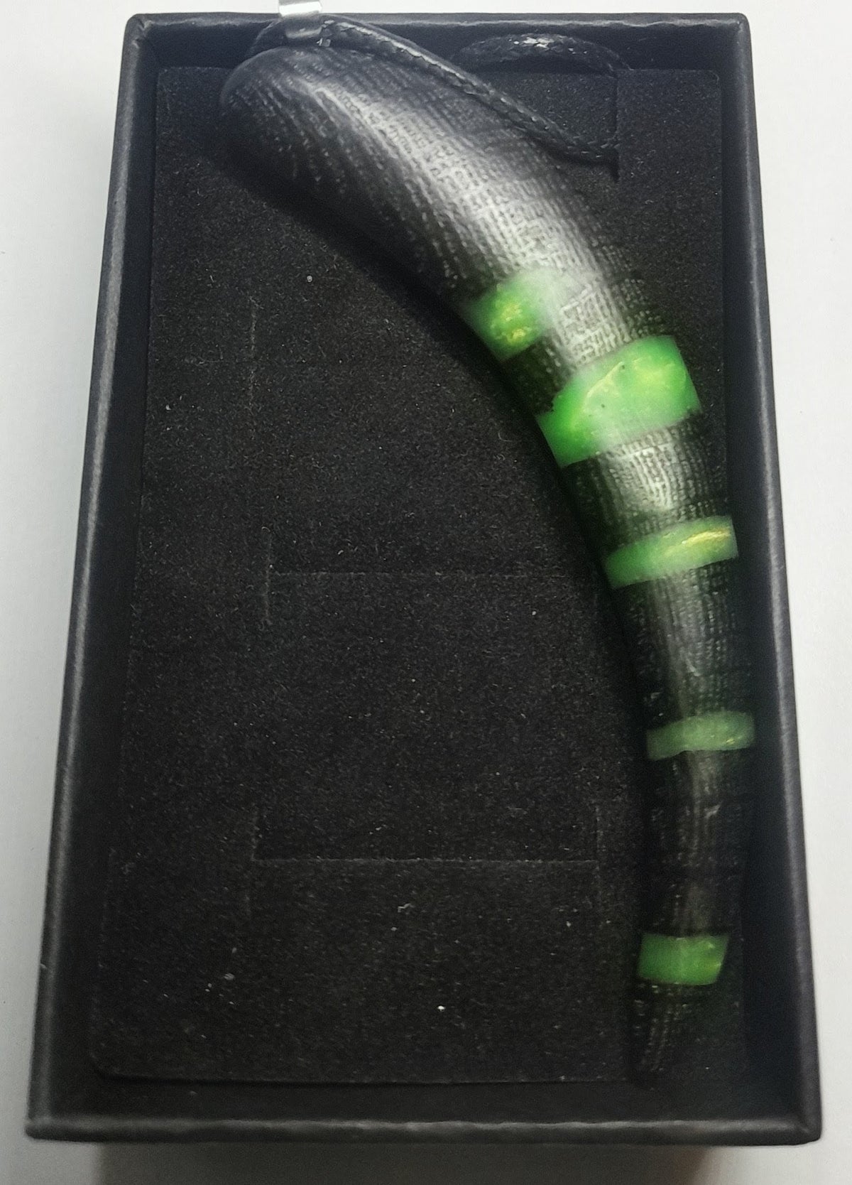 Ancient Irish Bog Oak & Green Resin Tusk Pendant | Curved Horn Necklace on Black Cord