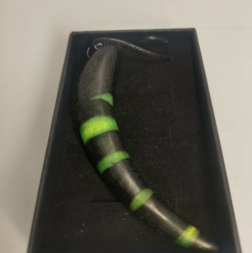 Ancient Irish Bog Oak & Green Resin Tusk Pendant | Curved Horn Necklace on Black Cord