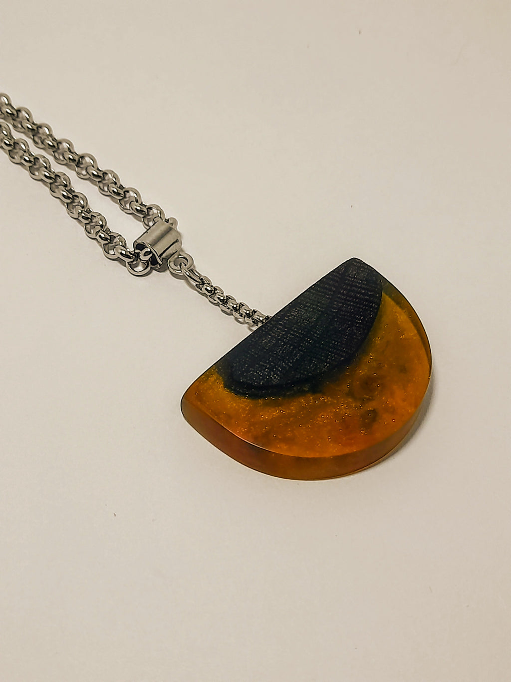 Ancient Irish Bog Oak & Amber Resin Half-Moon Pendulum Pendant | Handmade Celtic Necklace