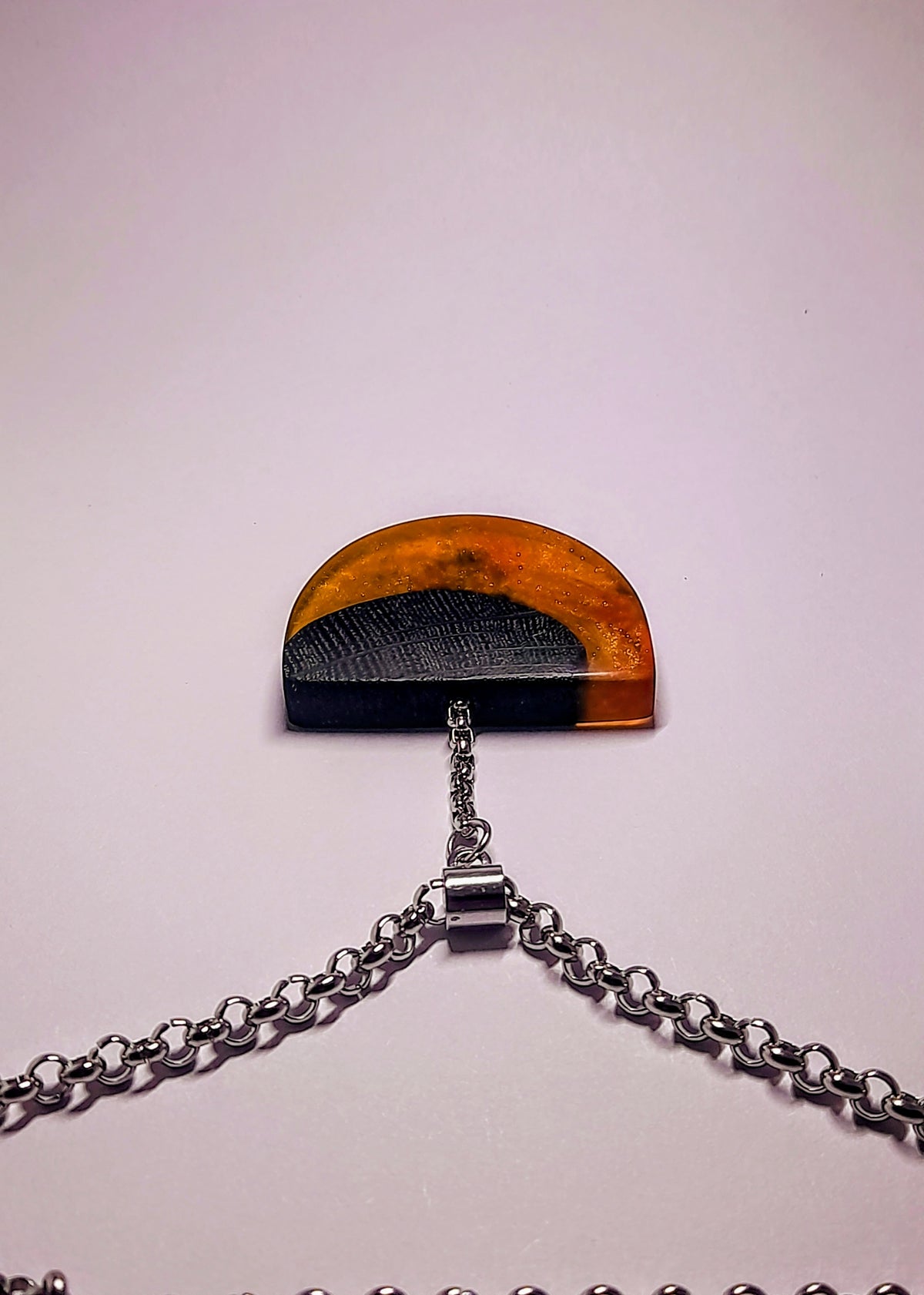 Ancient Irish Bog Oak & Amber Resin Half-Moon Pendulum Pendant | Handmade Celtic Necklace