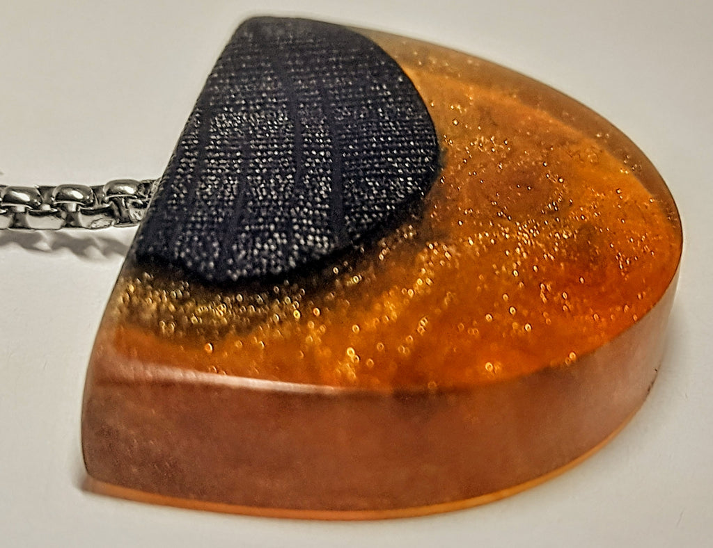 Ancient Irish Bog Oak & Amber Resin Half-Moon Pendulum Pendant | Handmade Celtic Necklace