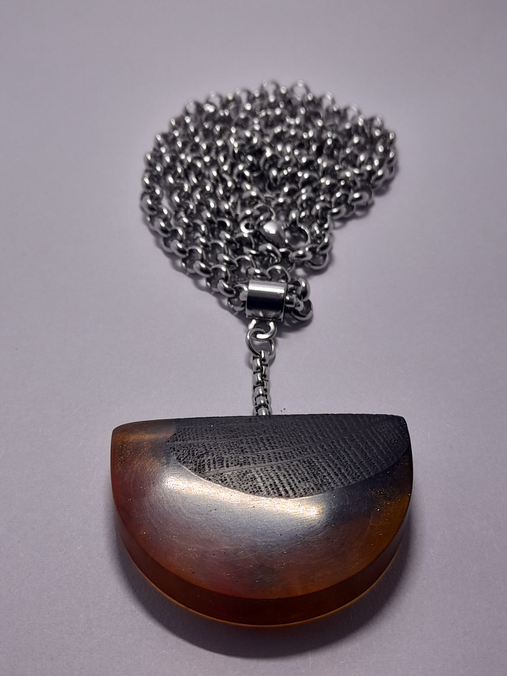 Ancient Irish Bog Oak & Amber Resin Half-Moon Pendulum Pendant | Handmade Celtic Necklace