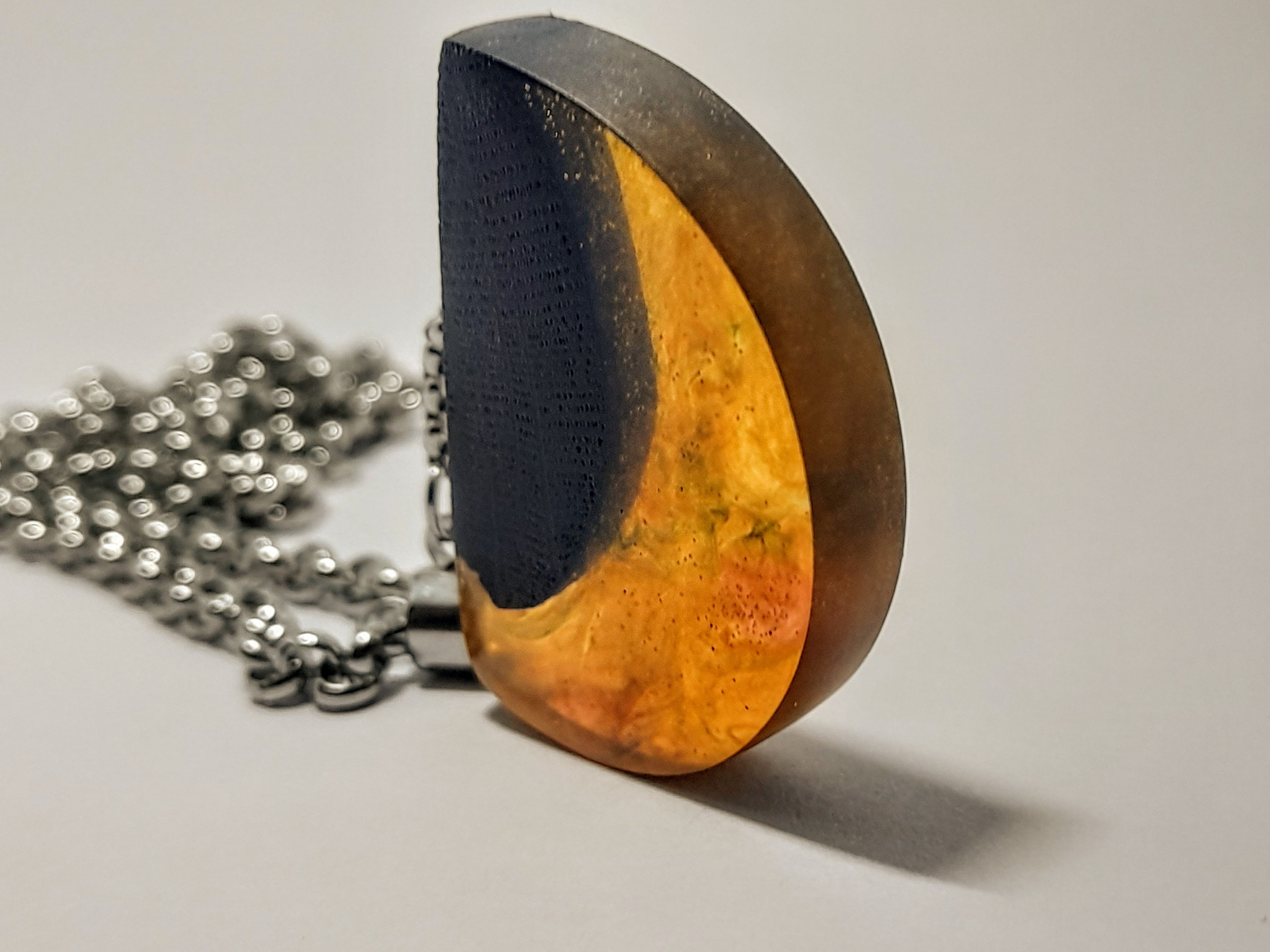 Ancient Irish Bog Oak & Amber Resin Half-Moon Pendulum Pendant | Handmade Celtic Necklace
