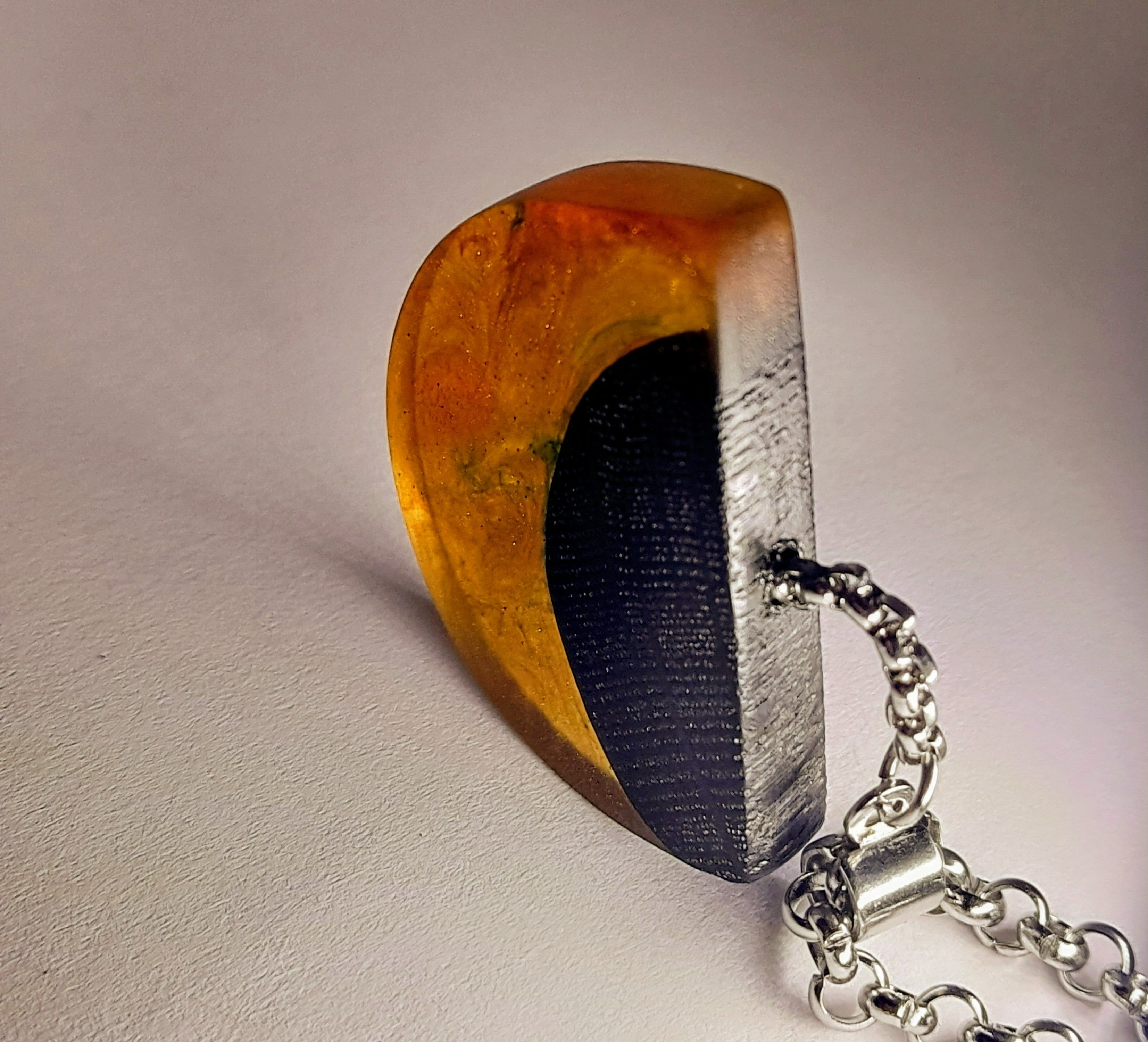 Ancient Irish Bog Oak & Amber Resin Half-Moon Pendulum Pendant | Handmade Celtic Necklace