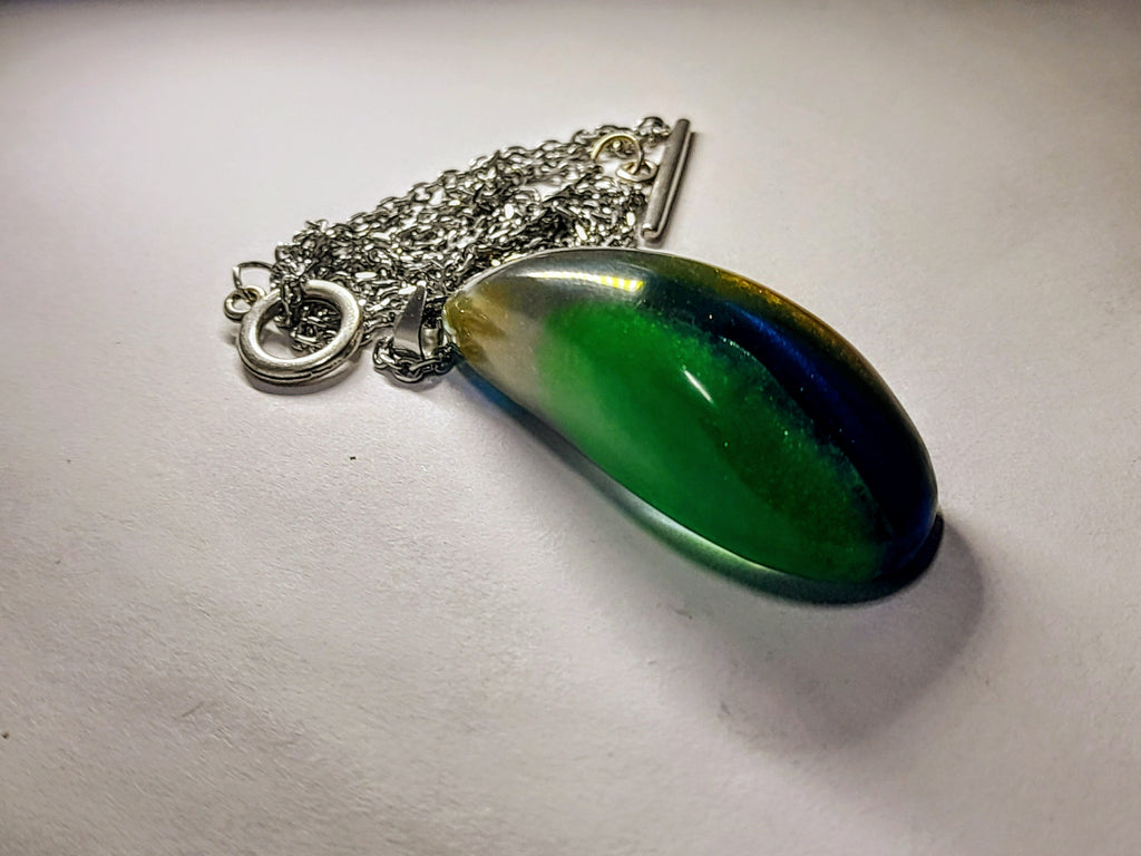 Hand-Carved Resin Pendant Necklace – Green, Blue & Orange Abstract Design | One of a Kind