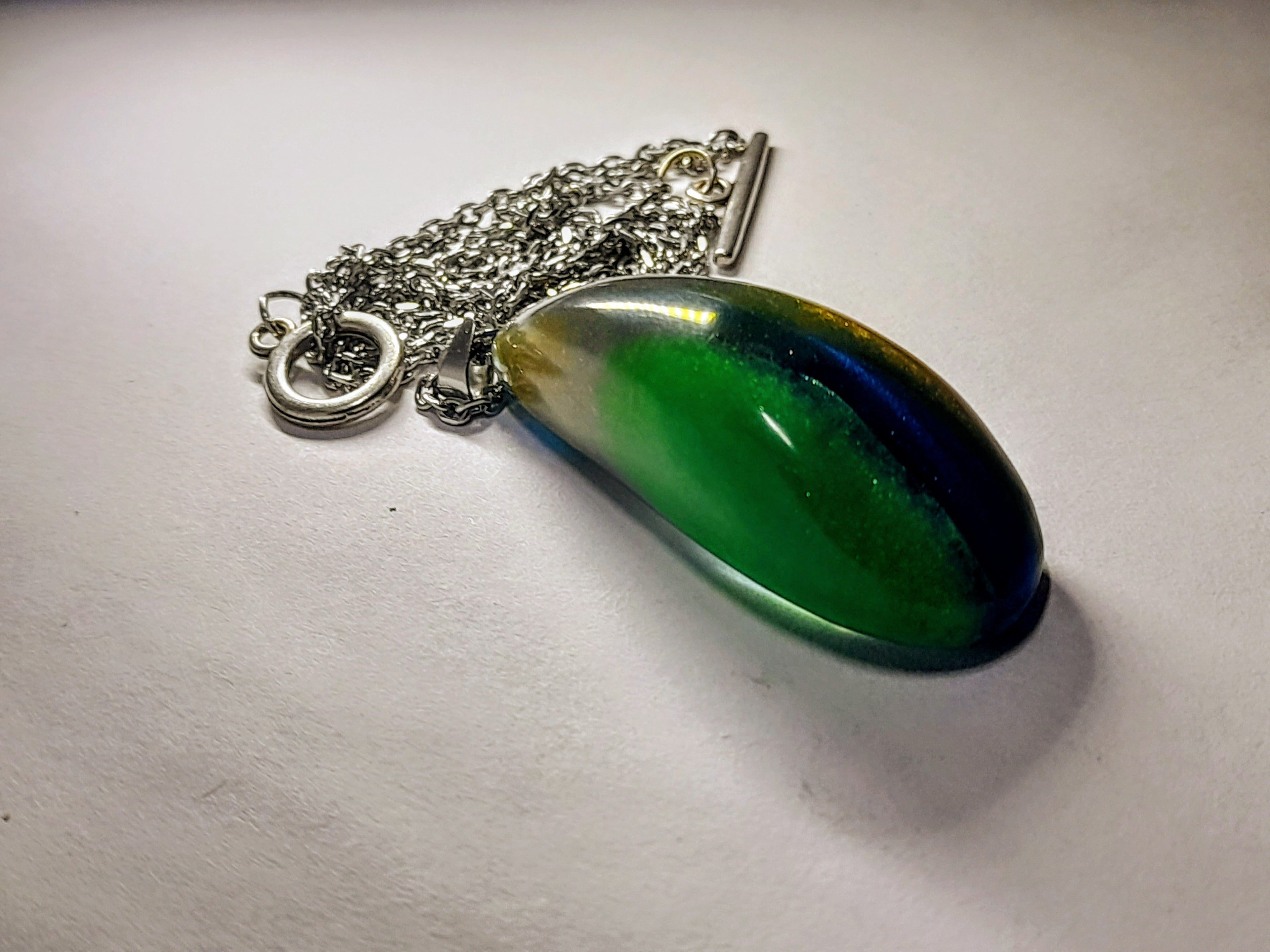 Hand-Carved Resin Pendant Necklace – Green, Blue & Orange Abstract Design | One of a Kind