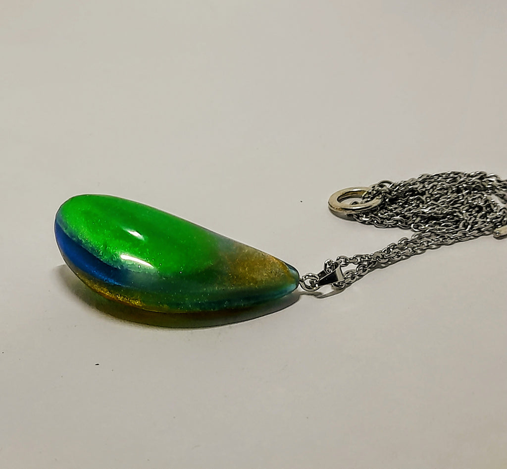 Hand-Carved Resin Pendant Necklace – Green, Blue & Orange Abstract Design | One of a Kind