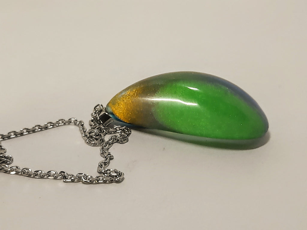 Hand-Carved Resin Pendant Necklace – Green, Blue & Orange Abstract Design | One of a Kind