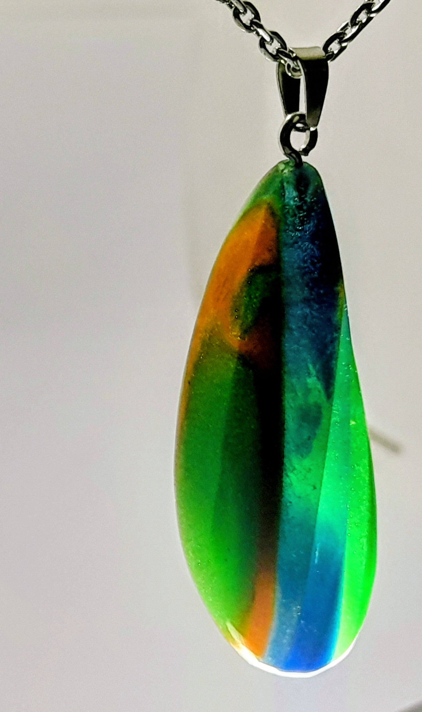 Hand-Carved Resin Pendant Necklace – Green, Blue & Orange Abstract Design | One of a Kind