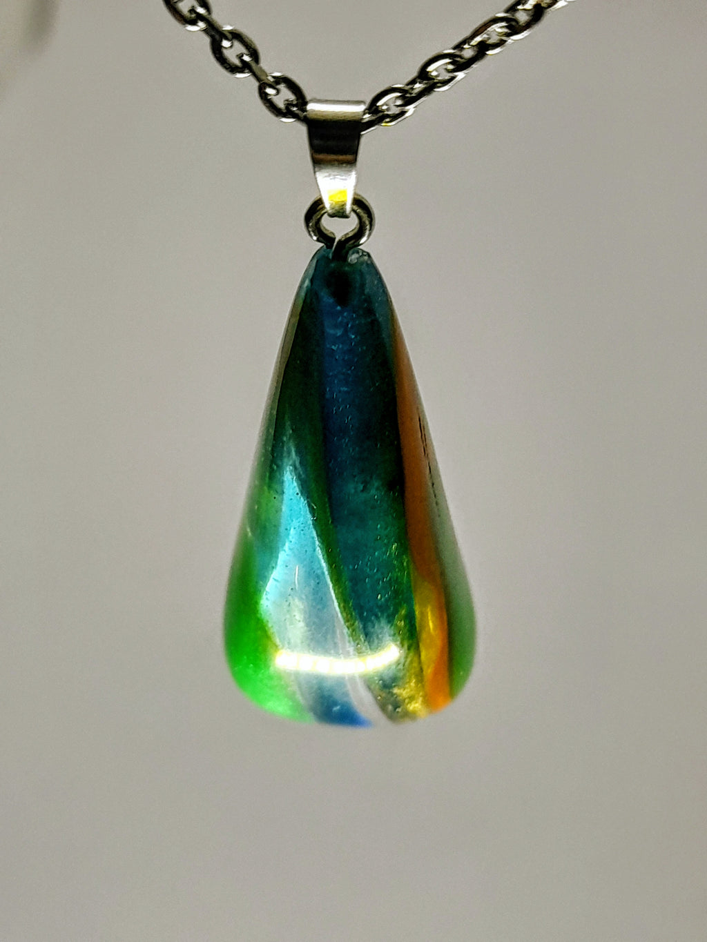 Hand-Carved Resin Pendant Necklace – Green, Blue & Orange Abstract Design | One of a Kind