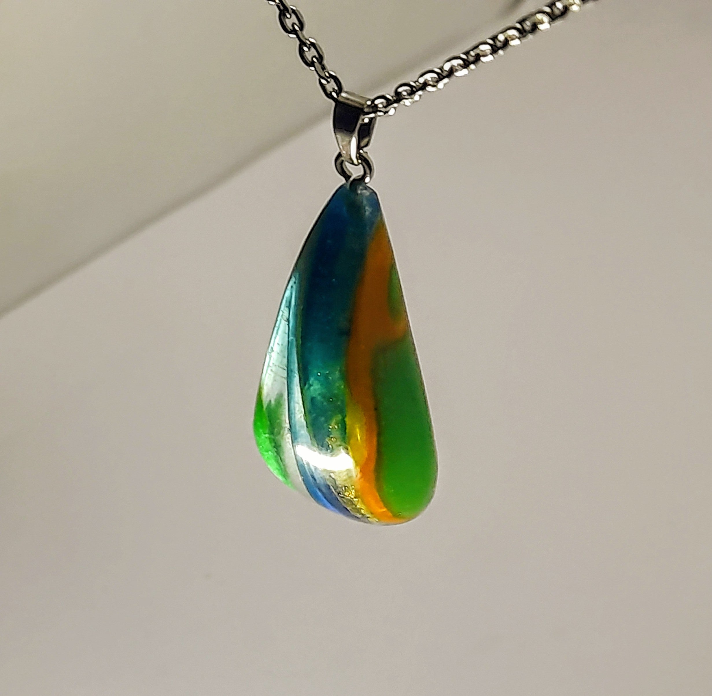 Hand-Carved Resin Pendant Necklace – Green, Blue & Orange Abstract Design | One of a Kind