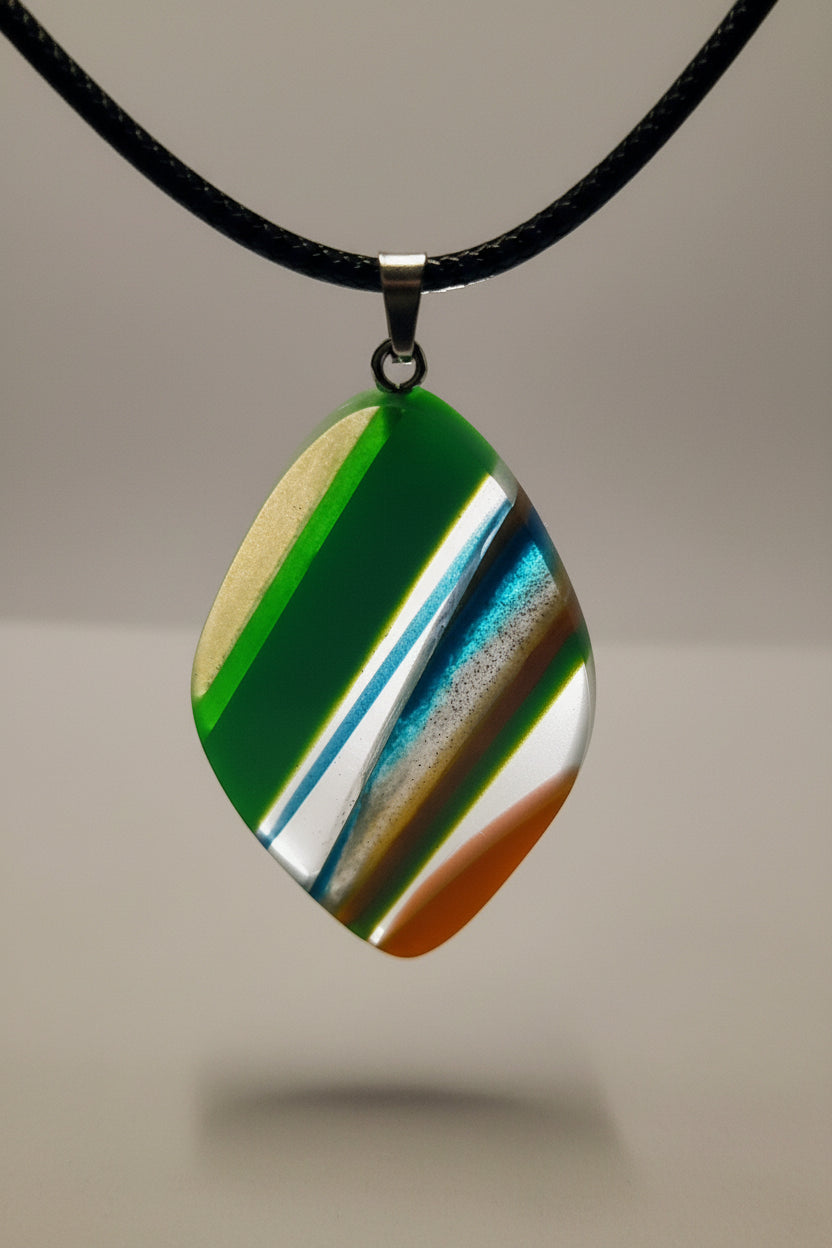Hand-Carved Resin Pendant – Bold, Green, Orange & Blue Geometric Design | One of a Kind