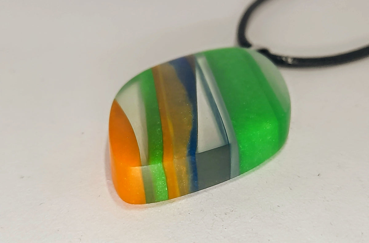 Hand-Carved Resin Pendant – Bold, Green, Orange & Blue Geometric Design | One of a Kind