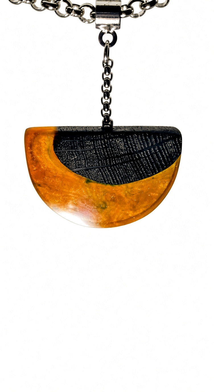 Ancient Irish Bog Oak & Amber Resin Half-Moon Pendulum Pendant | Handmade Celtic Necklace